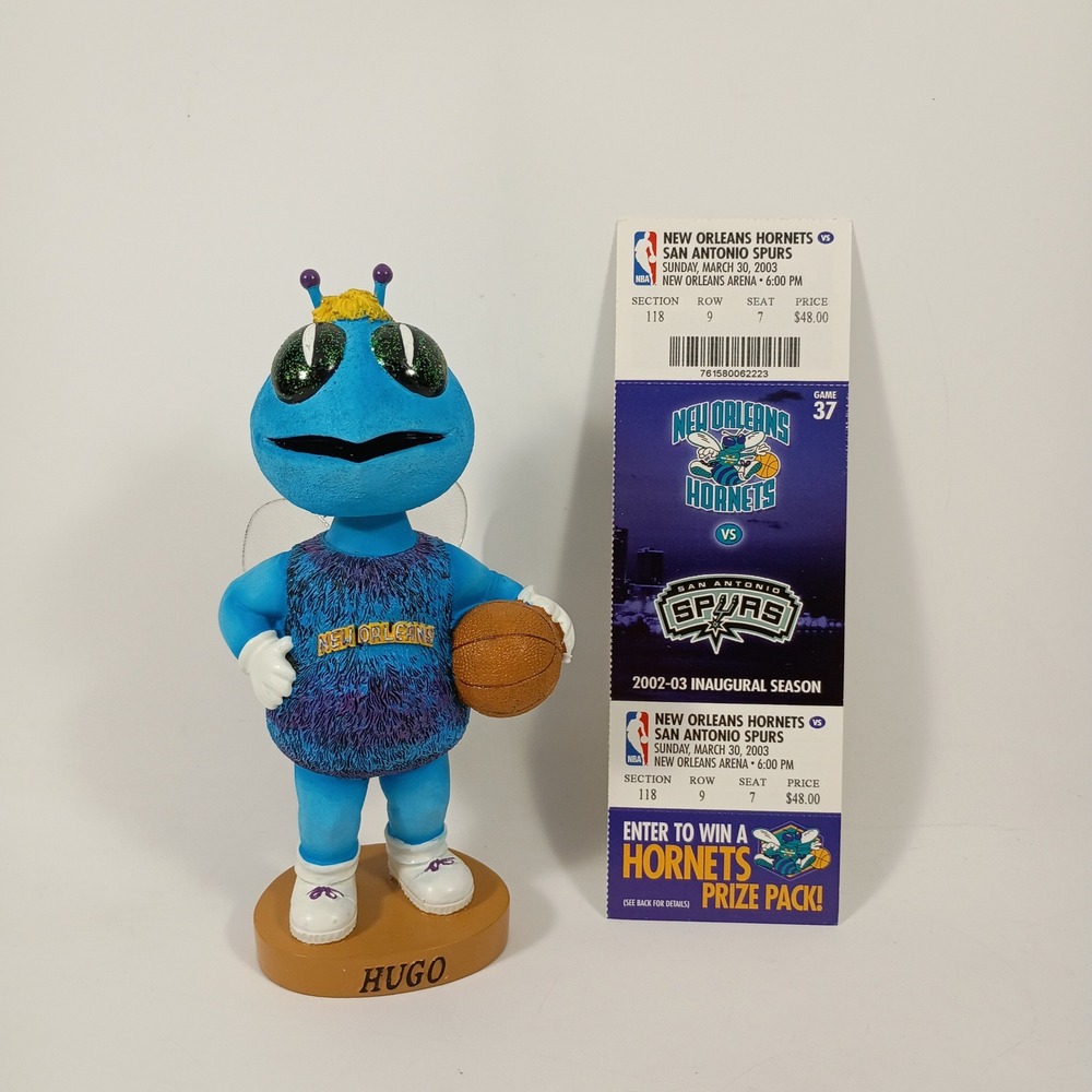 New Orleans Hornets Hugo Mascot Bobblehead & 2003 Inaugural Season Ticket Stub
